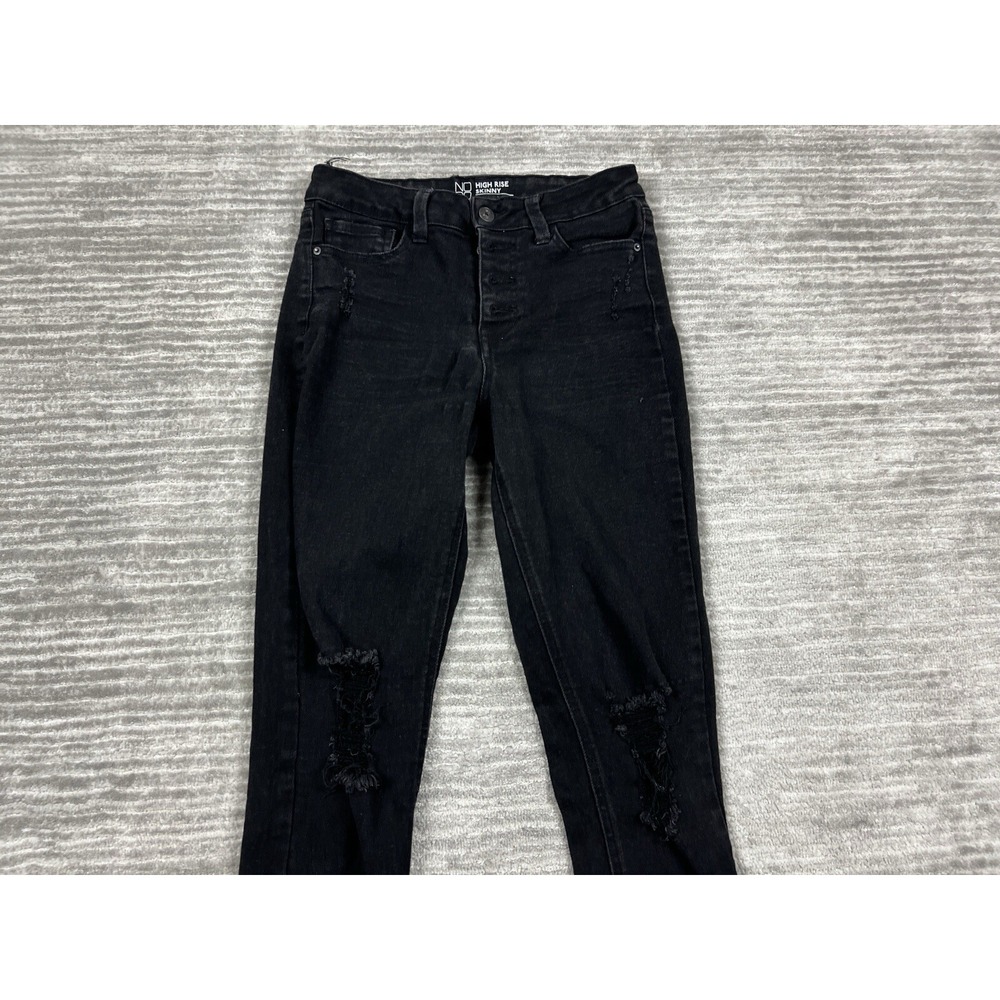 No Boundaries Jeans Women 7 Black High Rise Skinny Distressed Button Fly Raw Hem